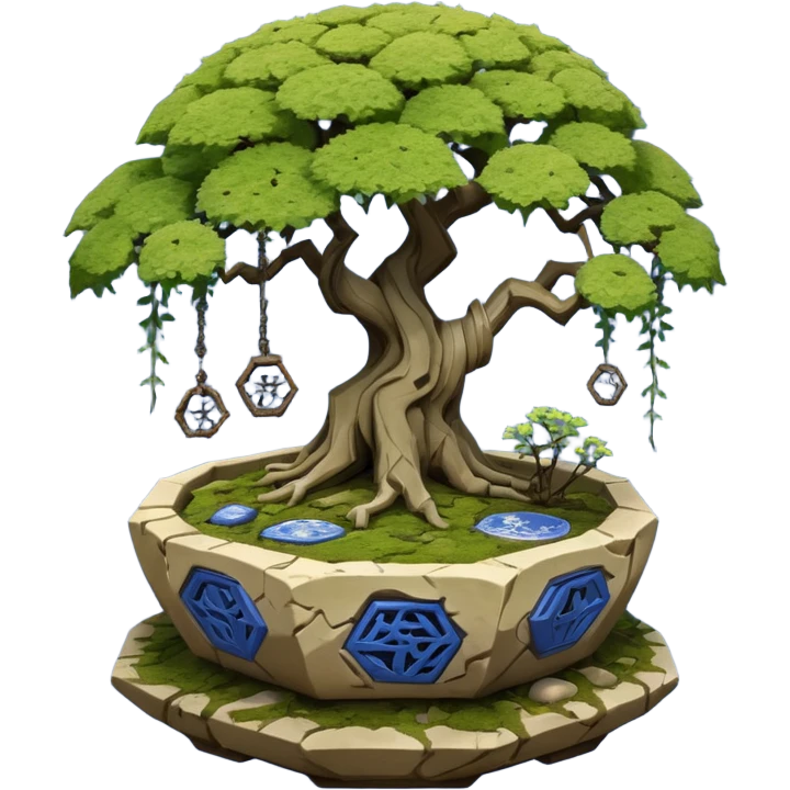 Alien spacecraft hanging-vines landscape mudman very old broken cracked intricate Stone Age rocky-crusted irregular dodecagon-shaped shallow dark moss rough bark blue willow flowered maple tree bonsai pot emoji