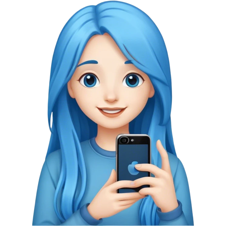happy girl with long blue hair take a photo with her phone emoji