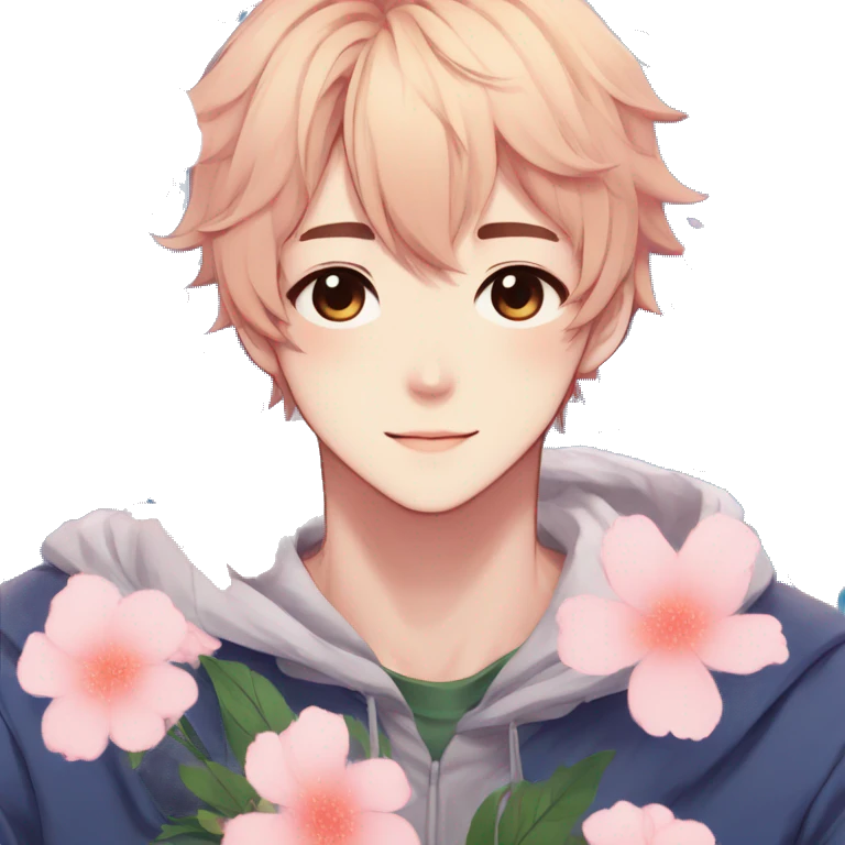 Gorgeous anime style shojo guy with blushing face and flowers aesthetic trending style outside emoji