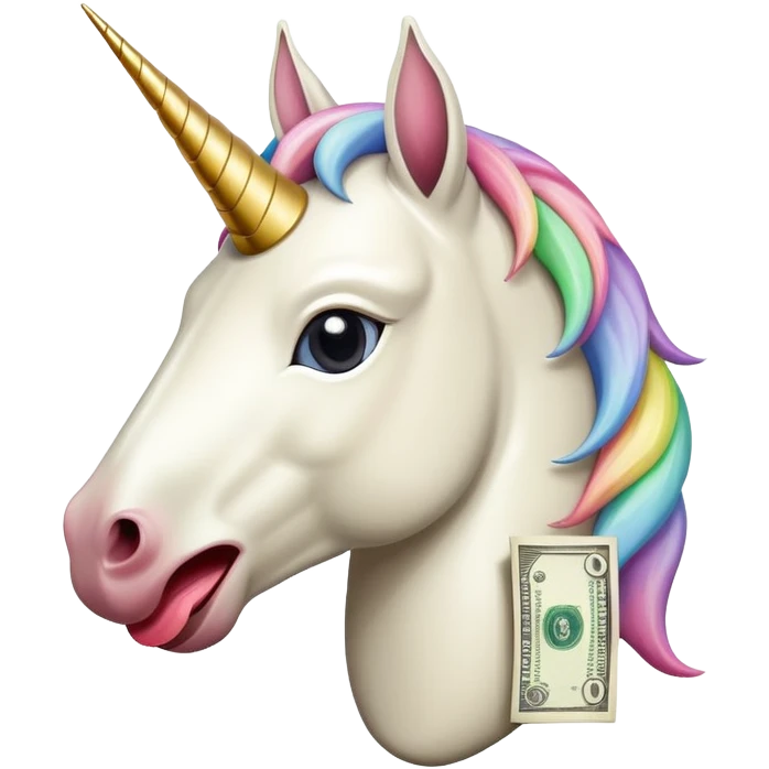 Unicorn with tongue sticking out but the tongue is a dollar emoji