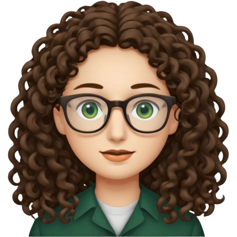 rapariga, olhos verdes escuros, rosto retangular, cabelos muito compridos aos caracóis, com óculos emoji