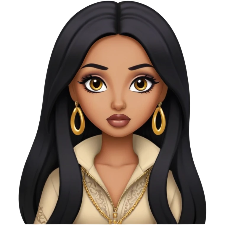 arabian nose, pretty lips, clothes, medium dark skin,  long black hair, pretty bratz baddie, black eyeliner emoji