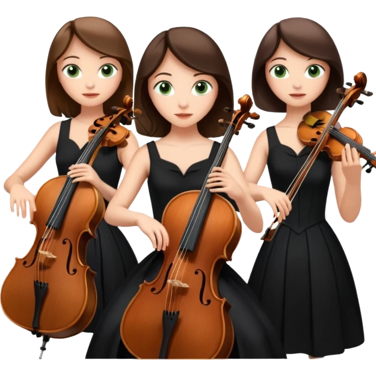 Create an imagine of three brunette women playing string instruments in black dresses, the first is playing a cello with blue eyes, the second is playing a viola with hazel eyes and the third is playing the violin with green eyes emoji