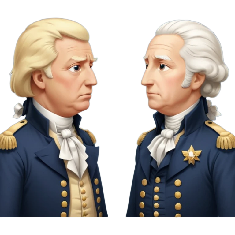 “Donald Trump and George Washington facing each other. Trump in a modern suit, visibly shocked. George Washington in colonial uniform, calm and silent. Realistic style, cinematic lighting.” emoji