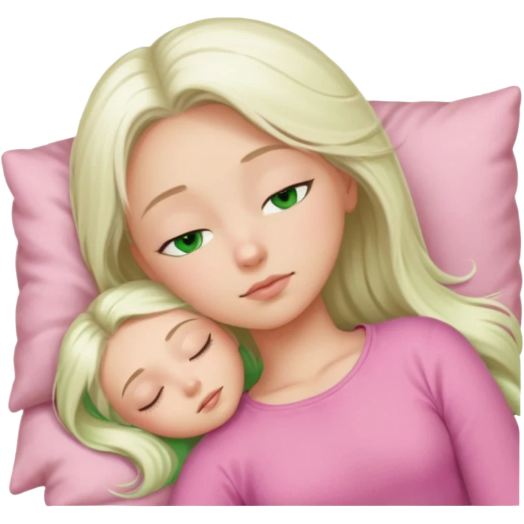 Long platinum blonde hair girl with green eyes in  pink top sleeping  emoji