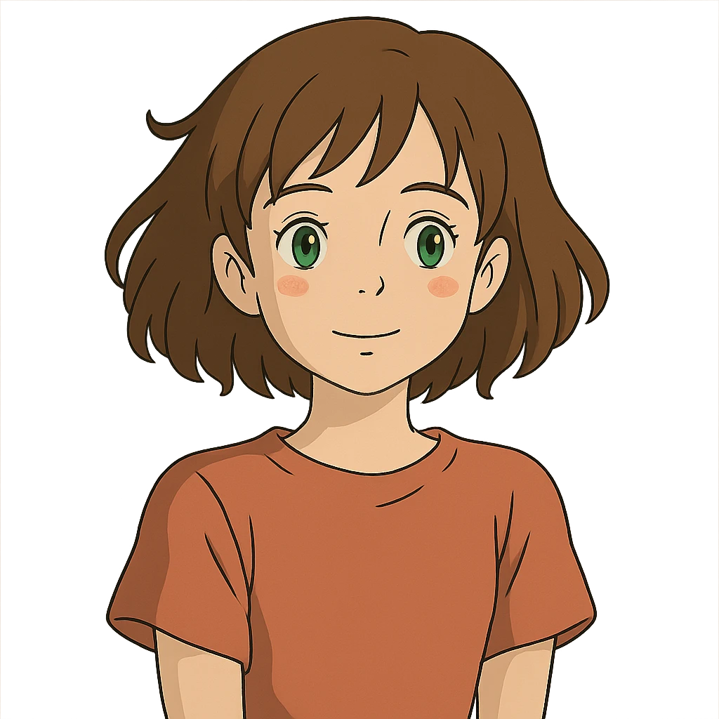 ghibli style girl with green eyes and slightly wavy brown hair emoji