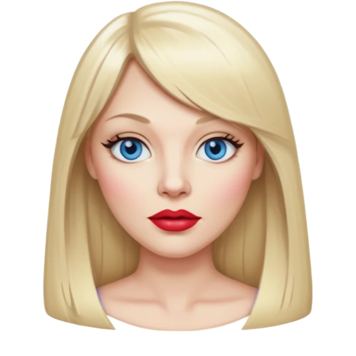 40 yr old white woman, pale skin, long straight blond hair parted in center, blue eyes, bangs emoji