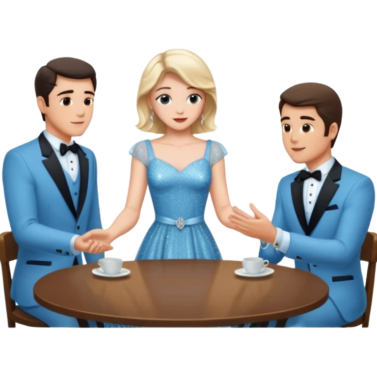 Sabrina’s carpenter in a light blue sparkly dress at a table with 3 handsome men facing each other and she is standing up putting her hand out  emoji