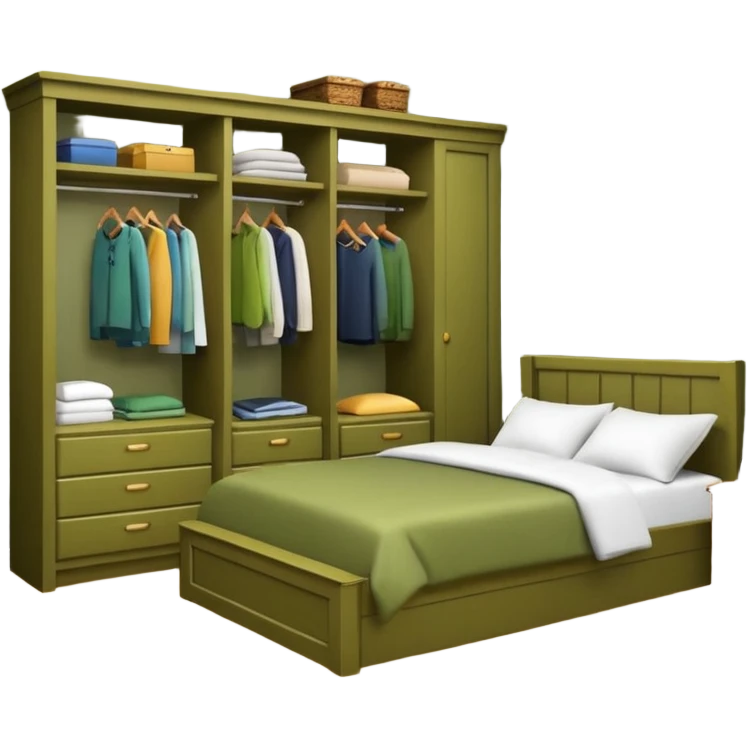 organized bedroom, olive green walls, wood bed and closet emoji