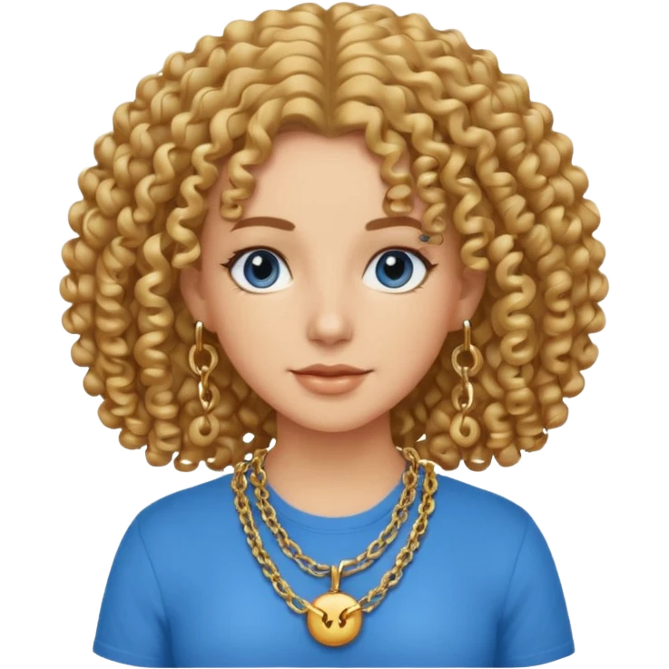 curly hair woman blue shirt and chain emoji