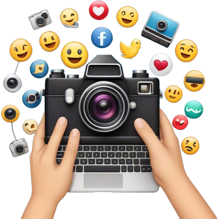 a composition of various media and technology-related emojis, arranged in a visually appealing way. At the center, there is a vintage-style camera emoji with a bright flash effect, symbolizing photography. A hand holding a smartphone emerges from behind the camera, representing digital and mobile content creation. Surrounding the central camera are a film camera, a laptop, and a smartphone with a colorful app grid, illustrating video production, digital work, and social media. The design is clean, modern, and conveys a theme of multimedia, content creation, and technology. emoji