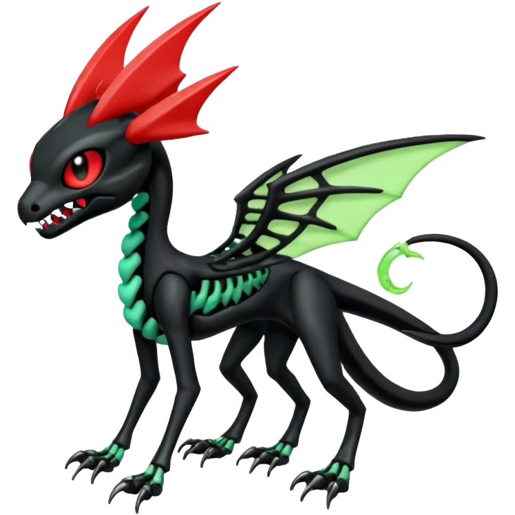 Obsidian-black and neon-glowing-green skeletal Meloetta-Salandit-Noivern-Zygarde-Pokémon-Fakémon-creature-fusion-hybrid with glowing crimson-red evil slit eyes emoji