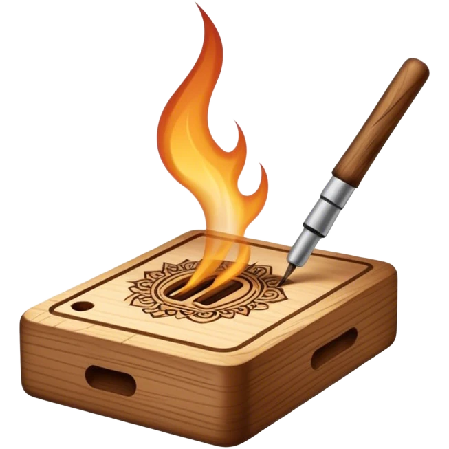 Pyrography icon, wooden surface with intricate burn marks, detailed patterns being burned into wood with a pyrography tool, smoke rising, minimalistic style, clean lines, transparent background. emoji