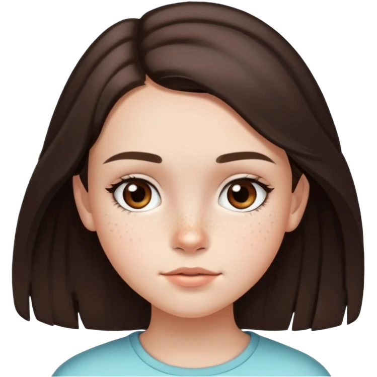 13 year old girl with mid length dark brown hair with minimal highlights, freckles, big forehead and nice lips emoji