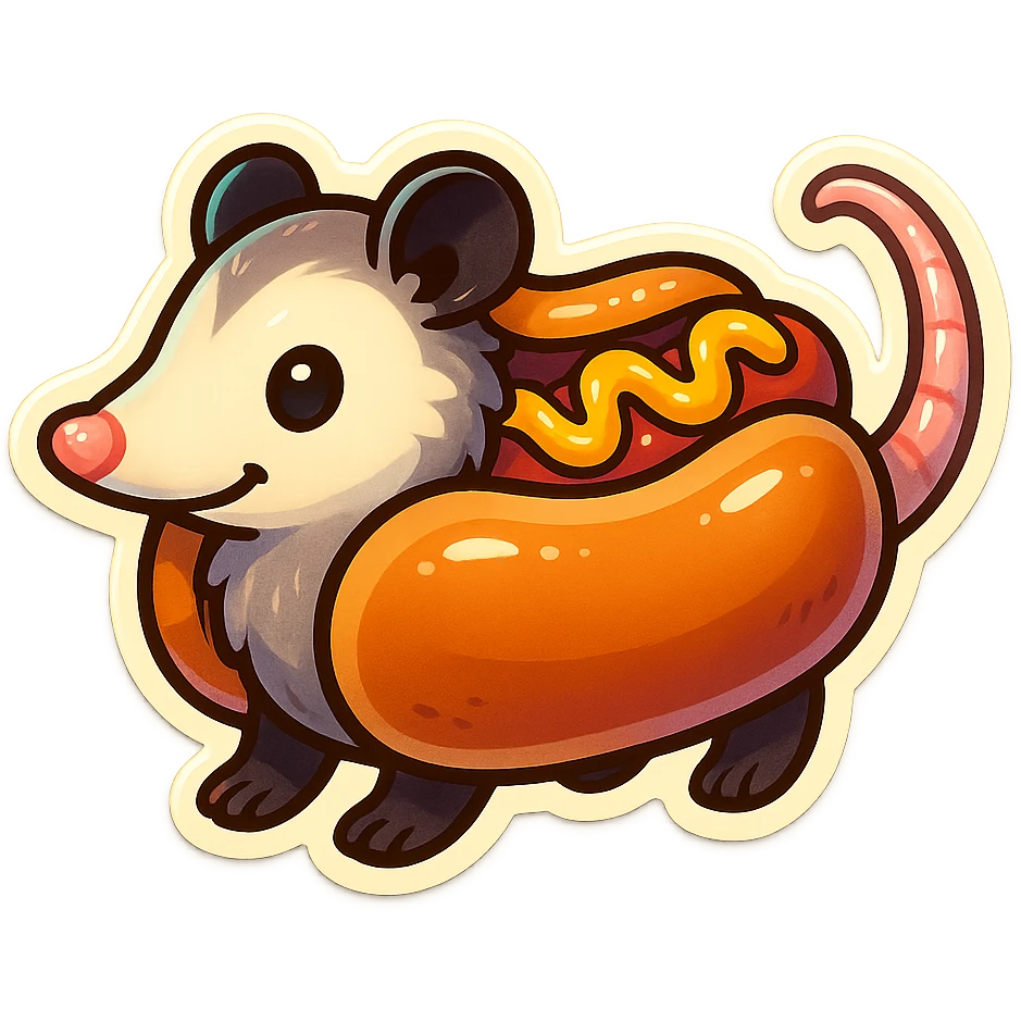 cute cartoon possum dressed up like a hot dog, sticker style, transparent background emoji