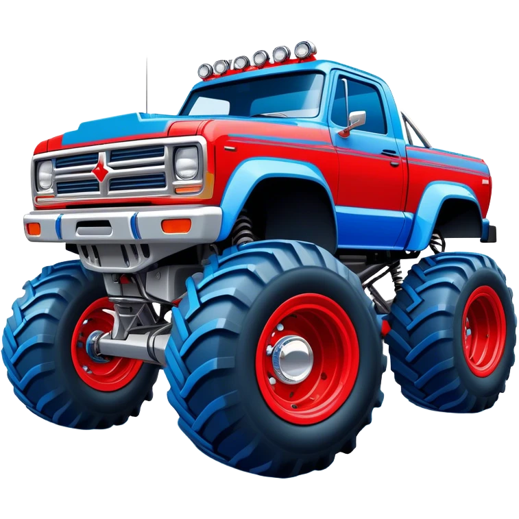 Avenger - Monster Jam (Model Year: 2021) (Iconic colour: Blue and red) - A dynamic monster truck with a split-color scheme: predominantly blue accented by bold red elements. Focus on strong, angular lines and vivid contrasting colors that evoke high energy and a futuristic, rebellious style. emoji