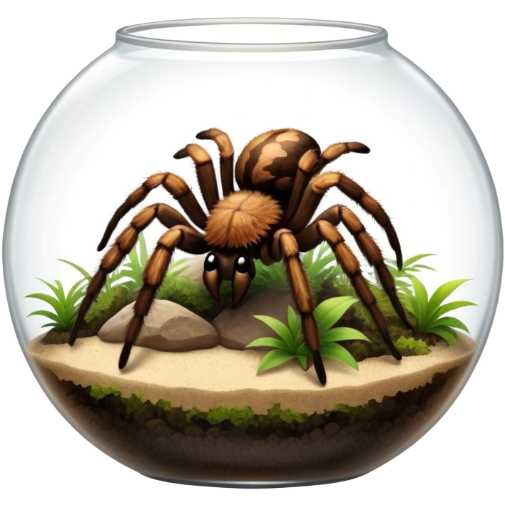 Close-up collage of a pet spider like tarantula, inside a large terrarium. Soft natural lighting highlights their textures and details. Transparent background emoji
