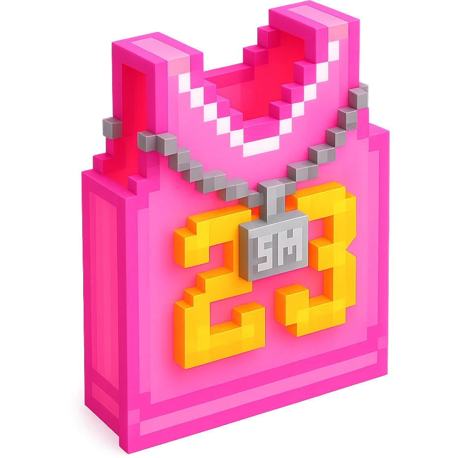 светящейся розовая баскетбольная майка с надписью "23" и серебряная цепь с надписью "SM", no background emoji