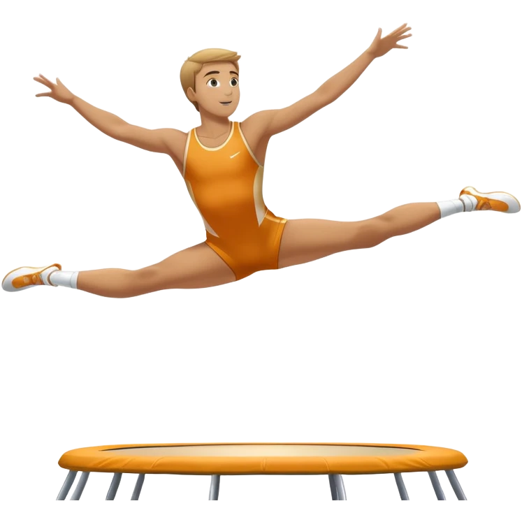 An athletic person soaring high above a trampoline, executing an acrobatic flip with perfect form. The scene captures motion and energy, with a dynamic pose, stretched limbs, and a focused expression. The background suggests a professional trampoline arena with safety padding. emoji