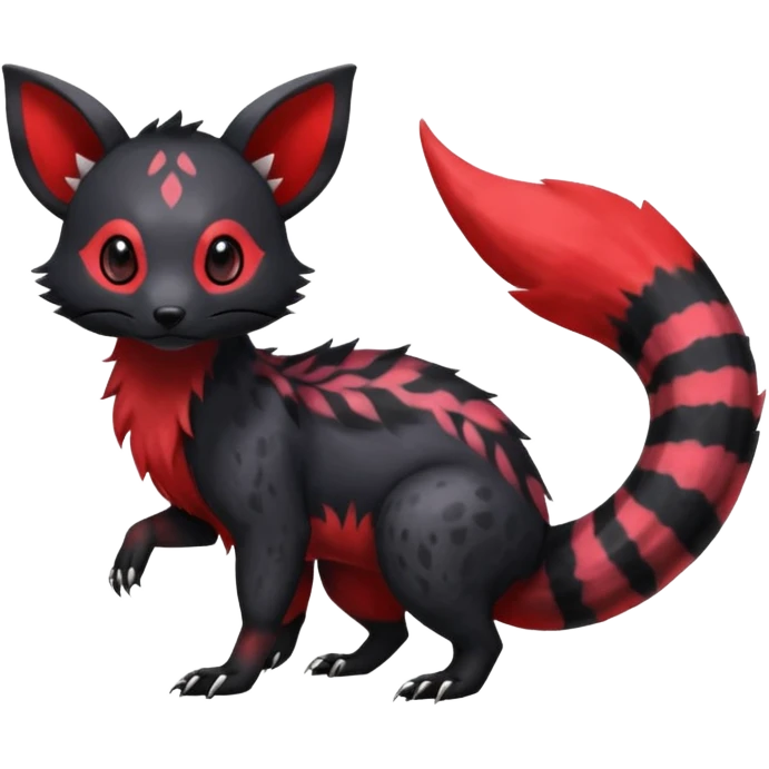 Rare exotic realistic cute epic aesthetic gothic colorful Salandit-Eevee-Civet-species-Fakemon-hybrid-creature, with markings, full body emoji