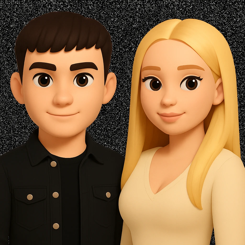 Slightly increase the volume of the upper body of the girl, separate the girl and the boy from each other, and make the skin color the same for both characters. Maintain the cartoonish 3D style as in the reference image. emoji