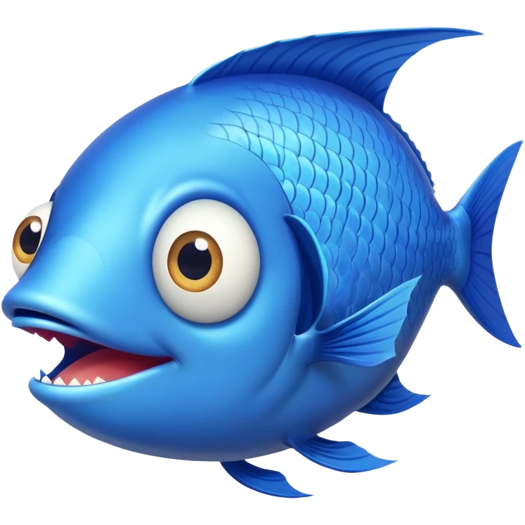 super derpy bright blue fish in side profile facing right, huge bulging eye, wide open mouth looking shocked and stupid, flat 2D side view only emoji