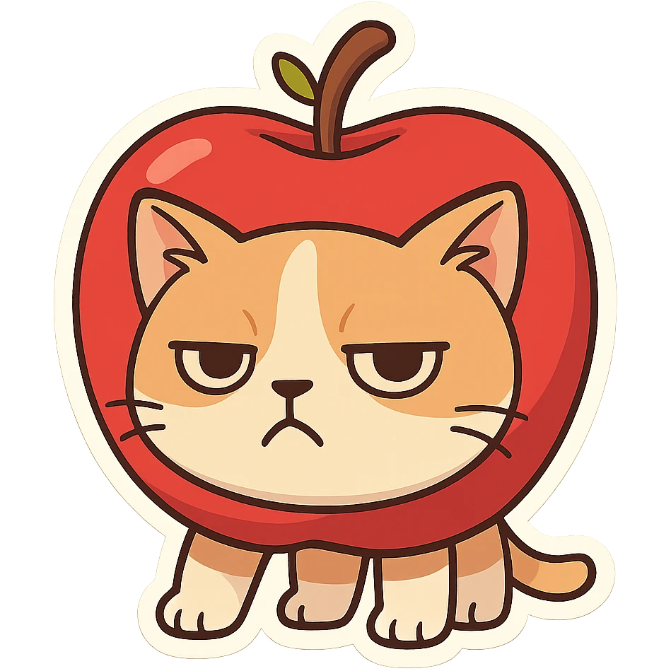 Cat meme, a cat head inside a red apple with mini limbs emoji