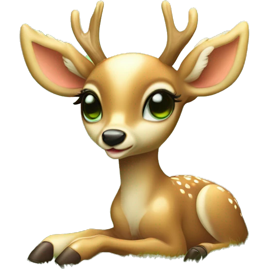 baby deer with delicate angel wings from its back resting peacefully in a lush green meadow soft sunlight filtering through green trees dreamy atmosphere emoji