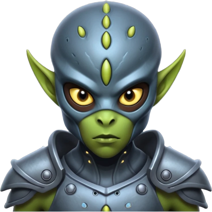 Portrait of a warrior alien with armored skin, glowing scars, sharp features, piercing eyes, and intense expression, front-facing emoji