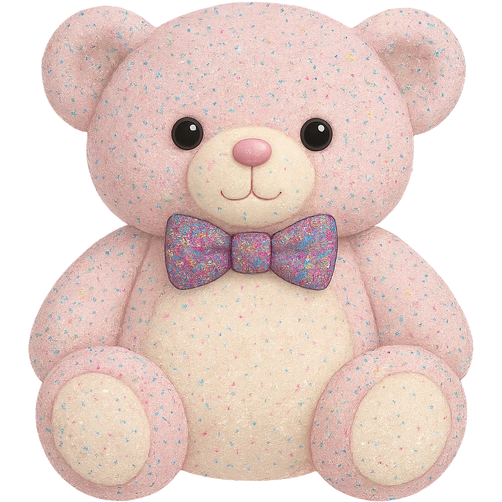 Change the glitter on the teddy bear and bow tie to multicolored glitter, keeping the pink and white fur, flat lighting, no shadows or background, soft plush look, maintain transparency. The style should reflect a soft plush teddy bear with a transparent background and no shadows. emoji