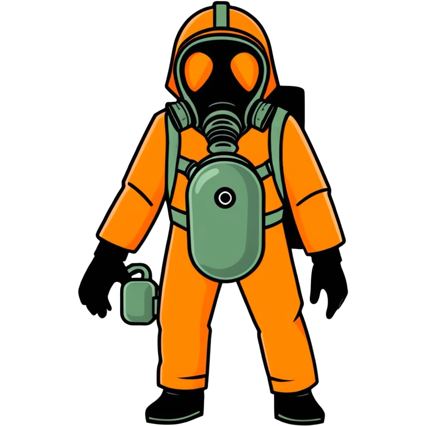 person in an orange suit, wearing a gas mask and black gloves emoji