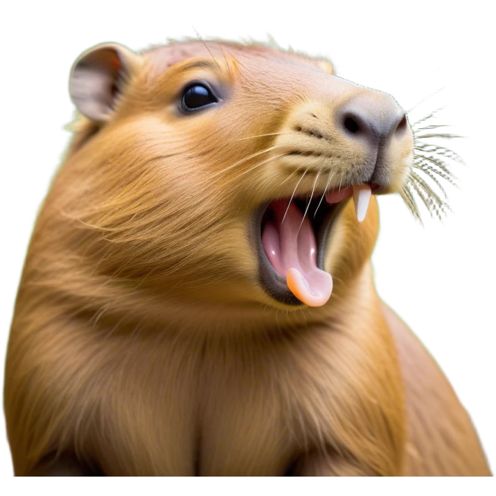 Cinematic Cute Yawning Capybara Portrait Emoji, Head tilted slightly with a dramatic, wide-open yawn, showcasing a plush, rounded body with a broad capybara head featuring a short snout and subtle, small ears, with drowsy, half-closed eyes and a relaxed expression, Simplified yet irresistibly adorable features, highly detailed, glowing with a soft, cozy natural glow, high shine, relaxed yet expressive, stylized with a dash of whimsical charm, soft glowing outline, capturing the essence of a drowsy yet affectionate capybara guardian that seems ready to stretch out for a nap! emoji