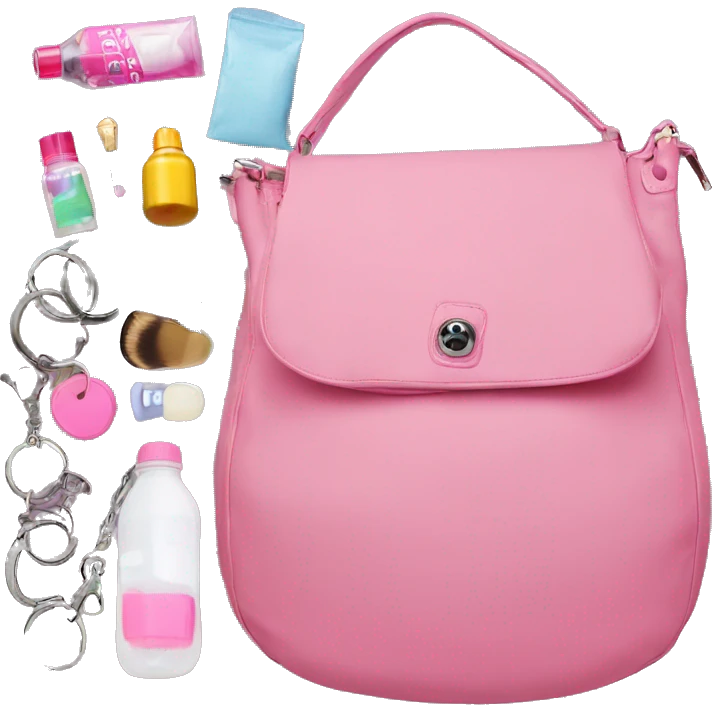 Opened large pink flap hobo bag that's filled with makeup, water bottle, and keychains emoji