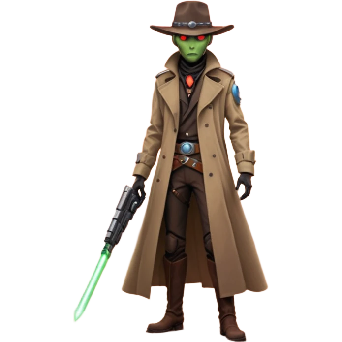 A tall alien cowboy standing in a dusty desert on an alien planet, wearing a futuristic cowboy hat and long trench coat, glowing eyes, twin plasma revolvers on his belt, dramatic sunset, cinematic lighting, ultra realistic, high detail, epic sci-fi western atmosphere

 emoji
