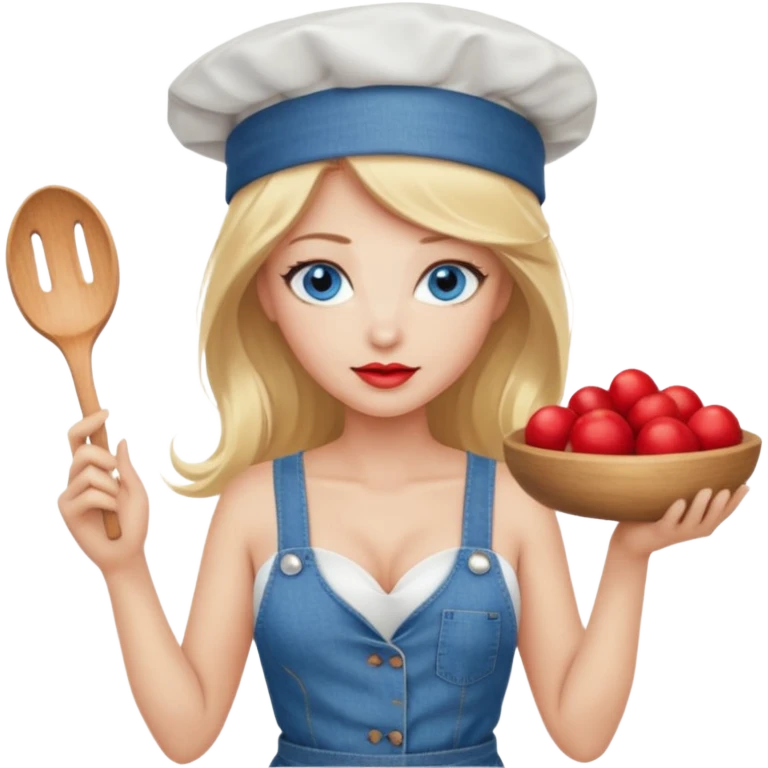 Beautiful, sexy,  long blonde hair, blue eyed, full red lips plunging v neck shirt, denim shorts, chef hat  emoji