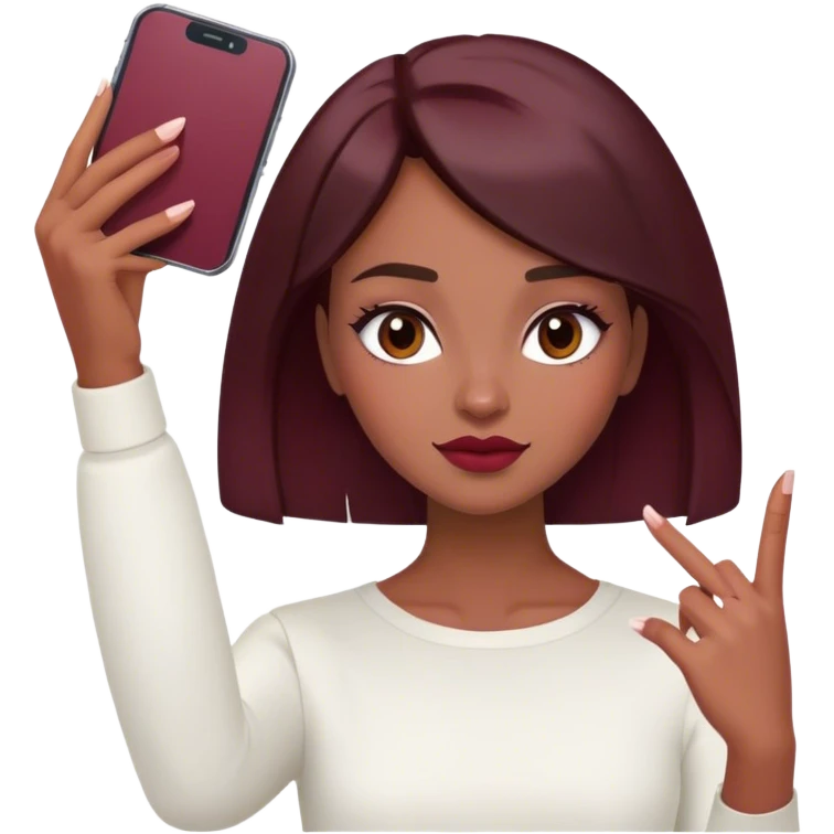 A brunette girl with a square hairstyle , selfie burgundy emoji