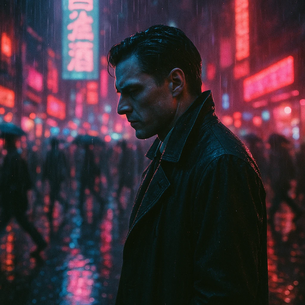 noir cyberpunk city scene, man in trench coat walking through neon-lit rain, dramatic side profile, neon blue and pink lights, wet street with reflections, busy urban crowd blurred in motion, 35mm film look, analog grain, tense and introspective mood emoji
