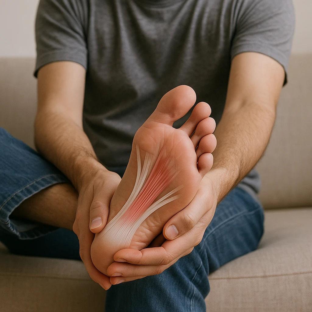 realistic image of a person sitting and stretching the plantar fascia to relieve foot problems, anatomical details, neutral environment emoji