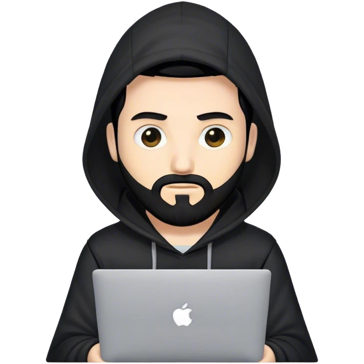 hackeur blanc cheveux noir barbe et capuche noir avec un macbook emoji