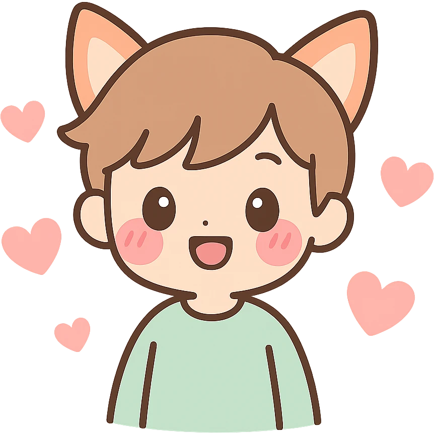 kawaii-style boy with fox ears, blushing, surrounded by hearts emoji