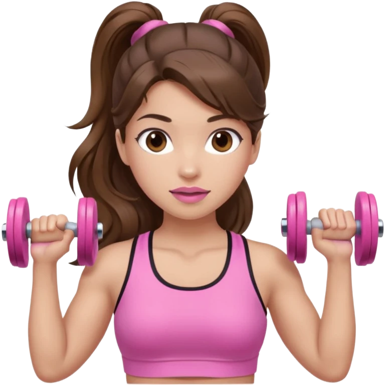 girl with wavy long ponytail brown hair, brown eyes, light to medium complexion, long lashes, light pink lipstick, wearing light pink shirt, lifting pink dumbbells in a sports top emoji