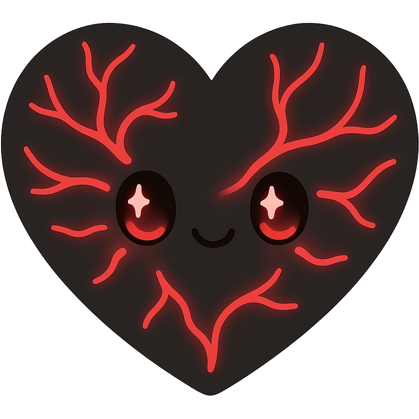 black gothic heart with glowing red veins, ornate, dark, elegant, kawaii style emoji