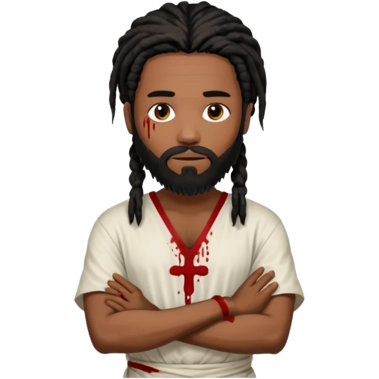 African American man with shoulder length black dreadlocks with black beard wearing a white tunic with blood on it with arms folded together emoji