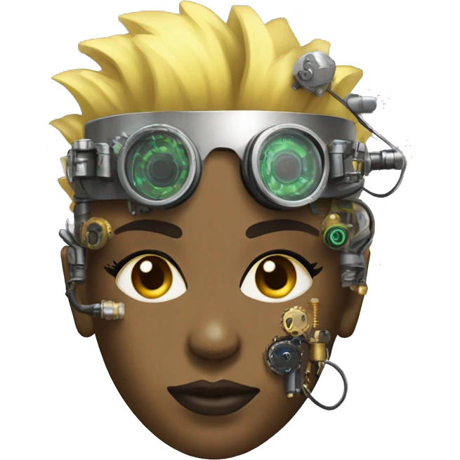 Light yellow Mohawk hair female cyborg head, dark skin, steampunk goggles and circuits emoji