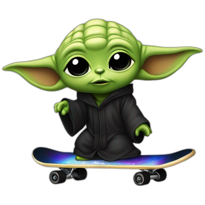 bebe yoda arc-en-ciel qui fait du skate en nageant dans une mer noir emoji