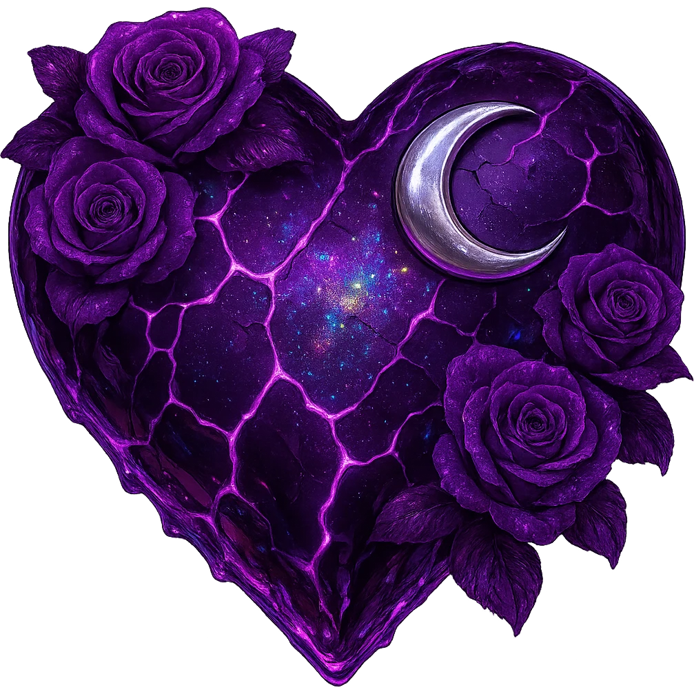 Edit the gothic heart to have cracked deep purple glass, a silver crescent moon, purple roses, shimmering holographic stardust, neon lightning accents, and a glossy wet appearance. Keep the background transparent. The style should reflect a detailed and vibrant gothic aesthetic with emphasis on the glass texture and reflective wet surface. emoji