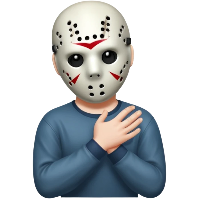 a cartoon image of Jason Voorhees, looking cute, with his hands clasped in front of him, at a sideways angle, looks like he is in love emoji