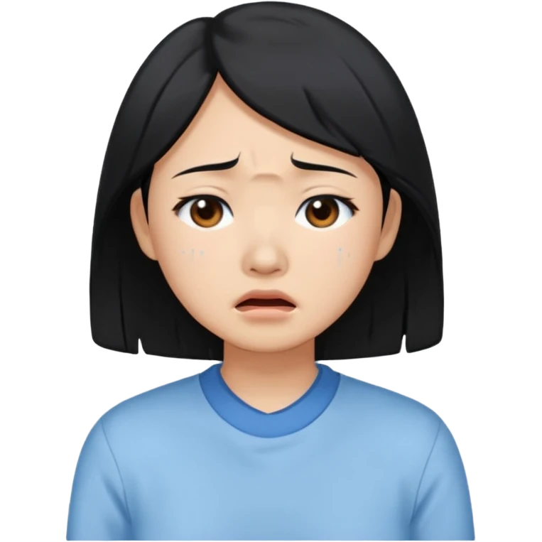 A crying East Asian woman with black hair, wearing light blue clothing. Her skin appears dry. emoji