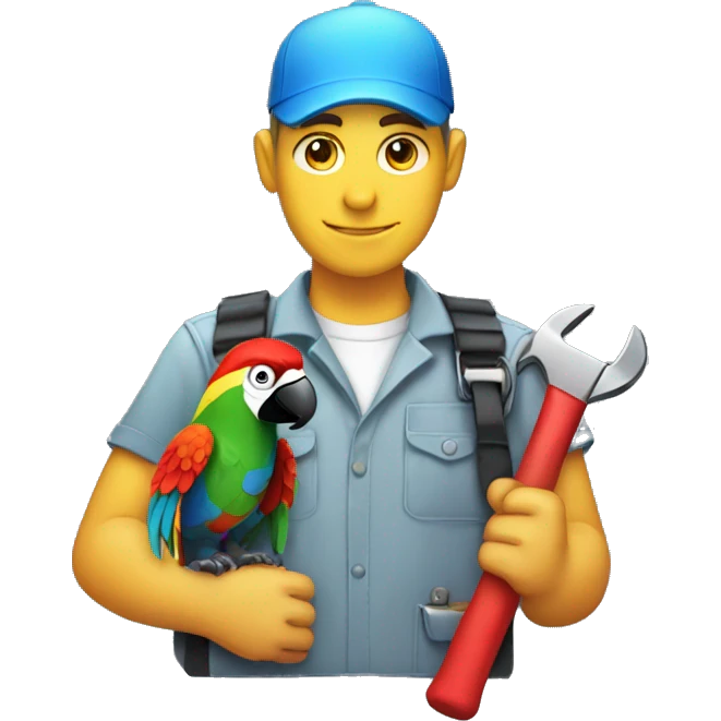 White skinned Engineer carrying a wrench and has a colorful parrot on top of his shoulder emoji