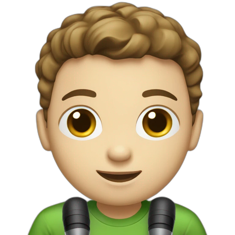 Young boy in a green t_shirt , short balck hear , white skin , brown eyes , with a laptop and microphone emoji